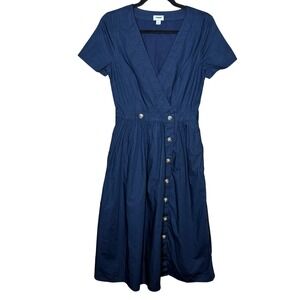 J.Crew Womens Sz 0 Midi Dress Navy Blue Cotton Wrap Button Front w/ Pockets